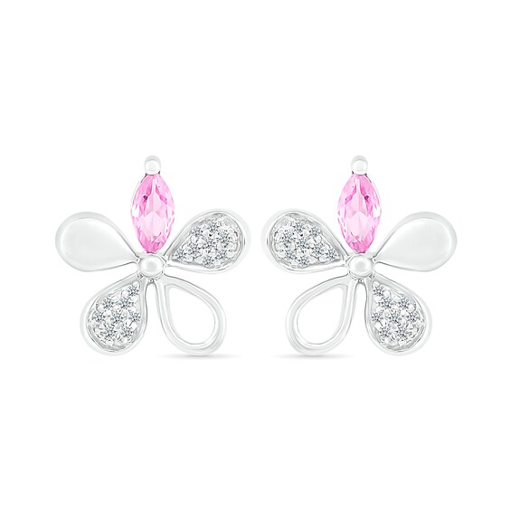 Marquise Pink and White Lab-Created Sapphire Flower Stud Earrings in Sterling Silver