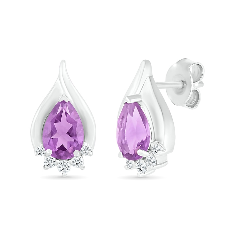 Main Image 1 of Pear-Shaped Amethyst and White Lab-Created Sapphire Shadow Flame Stud Earrings in Sterling Silver