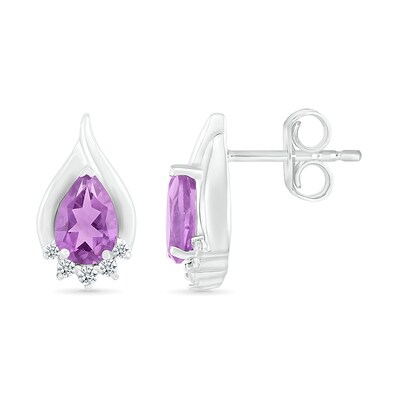 Pear-Shaped Amethyst and White Lab-Created Sapphire Shadow Flame Stud Earrings in Sterling Silver