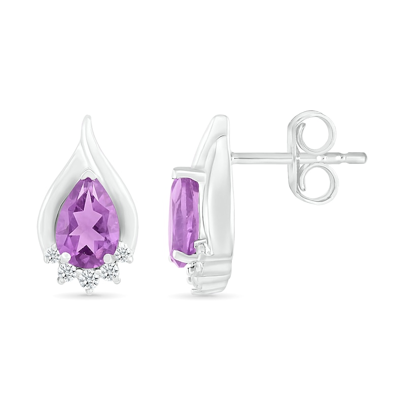 Main Image 2 of Pear-Shaped Amethyst and White Lab-Created Sapphire Shadow Flame Stud Earrings in Sterling Silver
