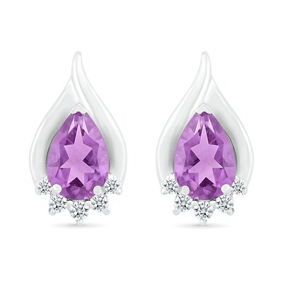 Pear-Shaped Amethyst and White Lab-Created Sapphire Shadow Flame Stud Earrings in Sterling Silver