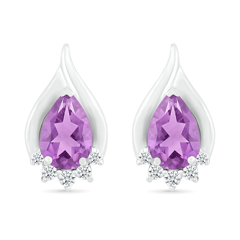 Main Image 3 of Pear-Shaped Amethyst and White Lab-Created Sapphire Shadow Flame Stud Earrings in Sterling Silver