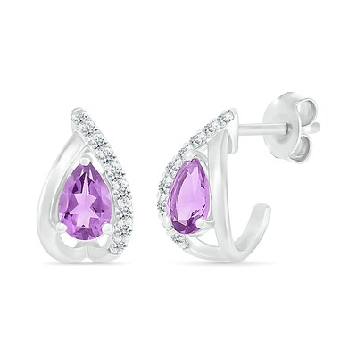 Pear-Shaped Amethyst and White Lab-Created Sapphire Teardrop Frame Stud Earrings in Sterling Silver