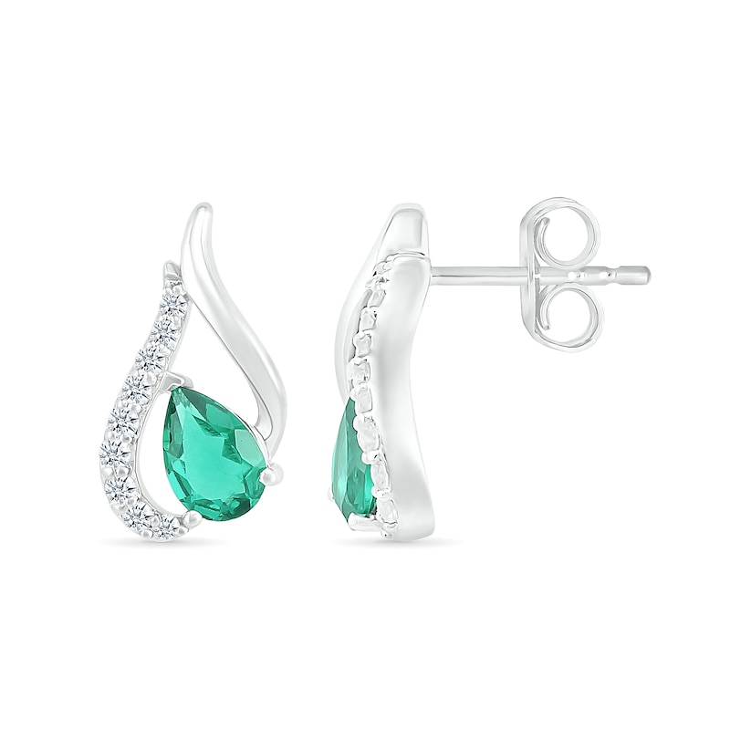 Main Image 2 of Pear-Shaped Lab-Created Emerald and White Sapphire Tilted Flame Stud Earrings in Sterling Silver
