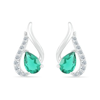 Pear-Shaped Lab-Created Emerald and White Sapphire Tilted Flame Stud Earrings in Sterling Silver