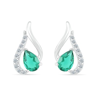 Pear-Shaped Lab-Created Emerald and White Sapphire Tilted Flame Stud Earrings in Sterling Silver