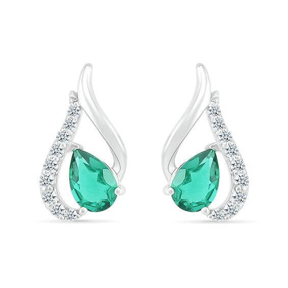 Pear-Shaped Lab-Created Emerald and White Sapphire Tilted Flame Stud Earrings in Sterling Silver