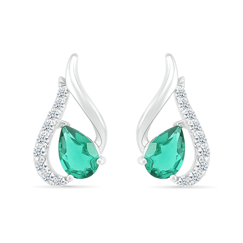 Main Image 3 of Pear-Shaped Lab-Created Emerald and White Sapphire Tilted Flame Stud Earrings in Sterling Silver