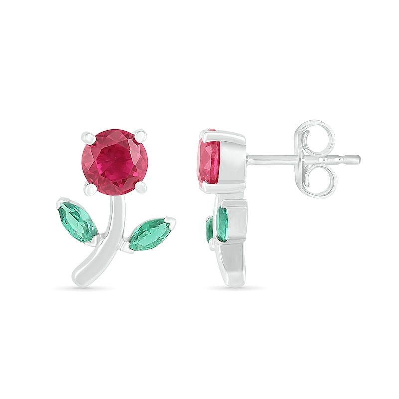 Main Image 2 of Lab-Created Ruby and Emerald Flower with Stem Stud Earrings in Sterling Silver