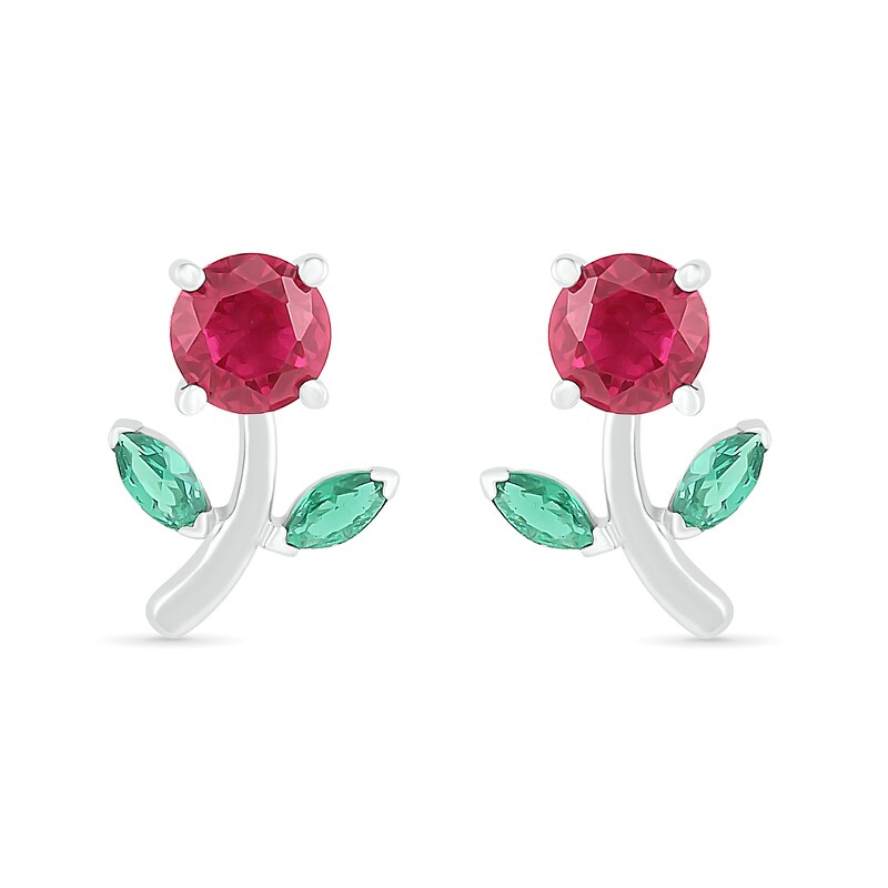 Main Image 3 of Lab-Created Ruby and Emerald Flower with Stem Stud Earrings in Sterling Silver