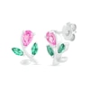 Pear-Shaped Lab-Created Pink Sapphire and Emerald Flower with Stem Stud Earrings in Sterling Silver