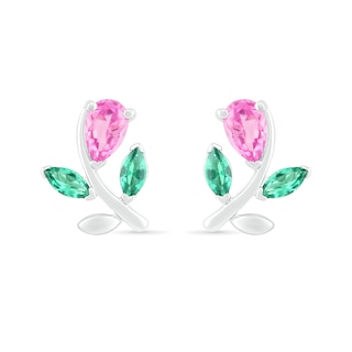 Pear-Shaped Lab-Created Pink Sapphire and Emerald Flower with Stem Stud Earrings in Sterling Silver