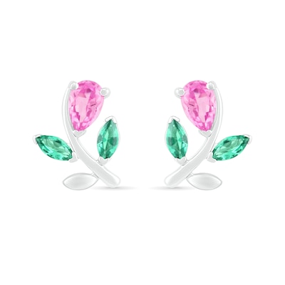 Pear-Shaped Lab-Created Pink Sapphire and Emerald Flower with Stem Stud Earrings in Sterling Silver