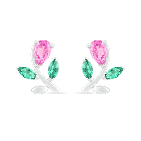 Pear-Shaped Lab-Created Pink Sapphire and Emerald Flower with Stem Stud Earrings in Sterling Silver