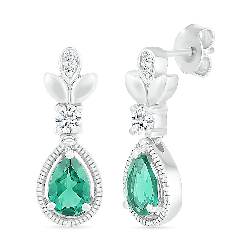 Pear-Shaped Lab-Created Emerald and White Sapphire Floral Vintage-Style Drop Earrings in Sterling Silver|Peoples Jewellers