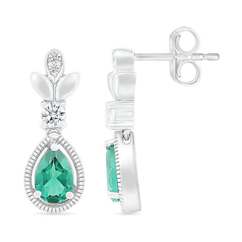 Main Image 2 of Pear-Shaped Lab-Created Emerald and White Sapphire Floral Vintage-Style Drop Earrings in Sterling Silver