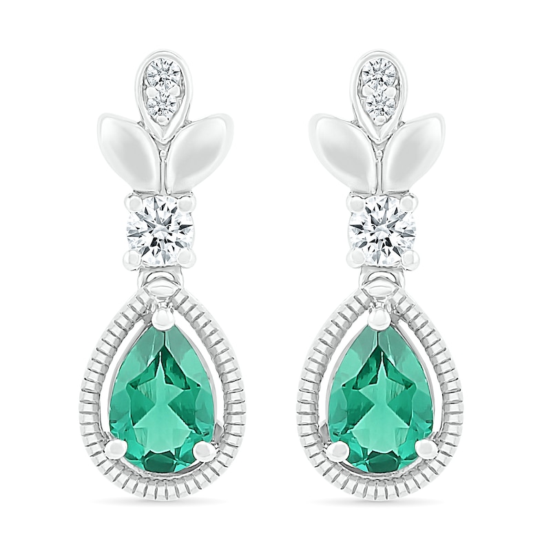 Main Image 3 of Pear-Shaped Lab-Created Emerald and White Sapphire Floral Vintage-Style Drop Earrings in Sterling Silver