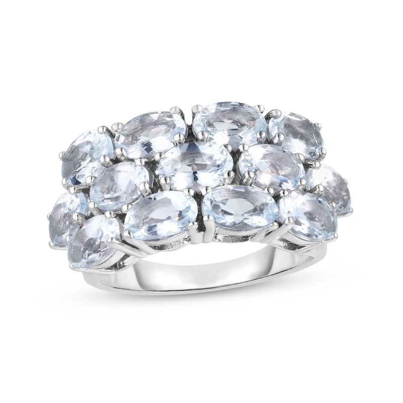 Sideways Oval Aquamarine Triple Row Ring in Sterling Silver
