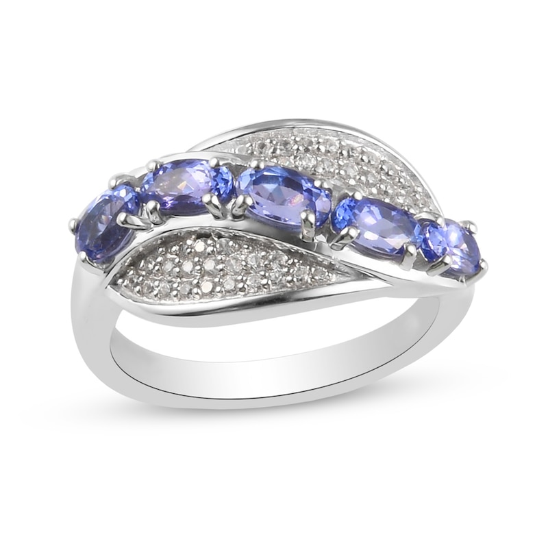 Oval Tanzanite and White Zircon Five Stone Wave Ring in Sterling Silver