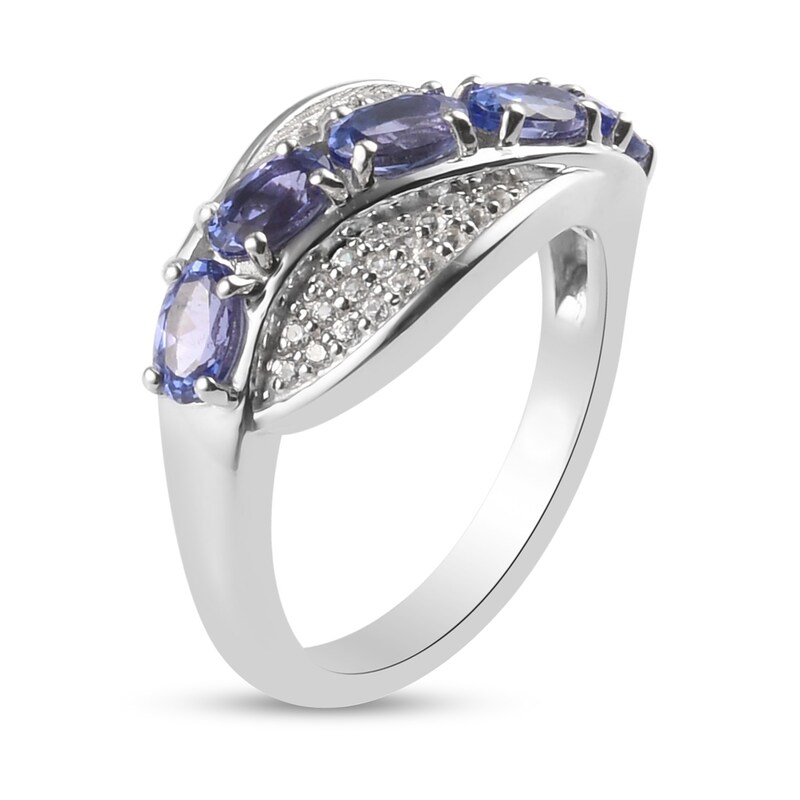 Oval Tanzanite and White Zircon Five Stone Wave Ring in Sterling Silver