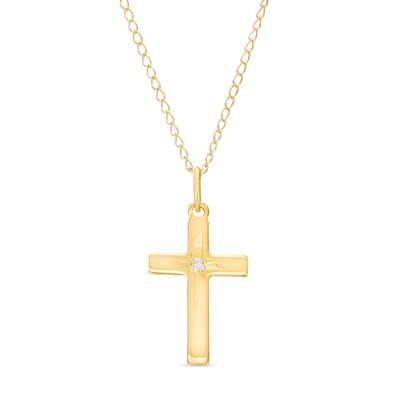 Child's Diamond Accent Solitaire Cross Pendant in 14K Gold – 13"