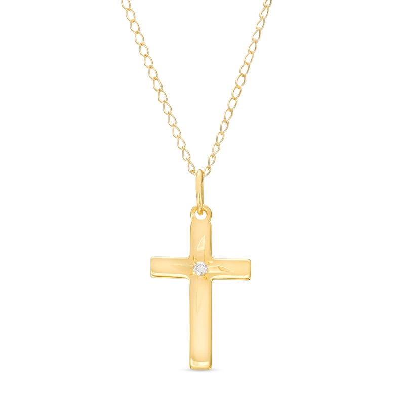 Child's Diamond Accent Solitaire Cross Pendant in 14K Gold – 13"