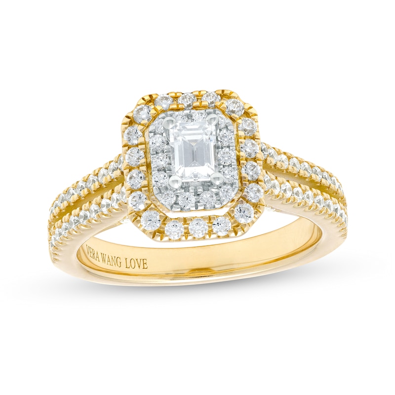 Vera Wang Love Collection 0.95 CT. T.W. Emerald-Cut Diamond Double Frame Double Row Engagement Ring in 14K Gold (I/SI2)