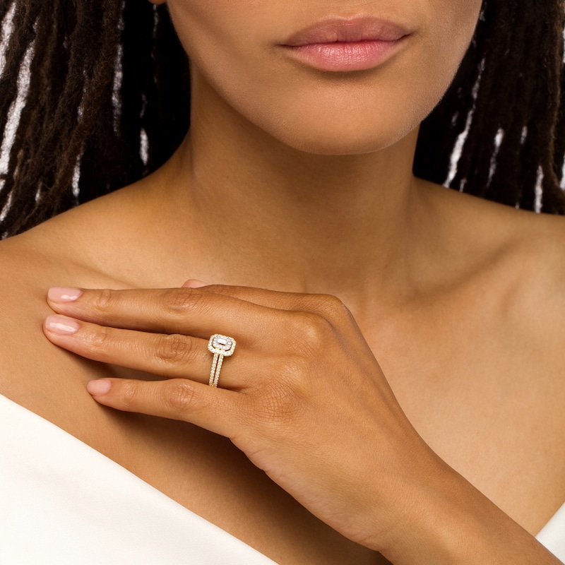 Main Image 2 of Vera Wang Love Collection 0.95 CT. T.W. Emerald-Cut Diamond Double Frame Double Row Engagement Ring in 14K Gold (I/SI2)