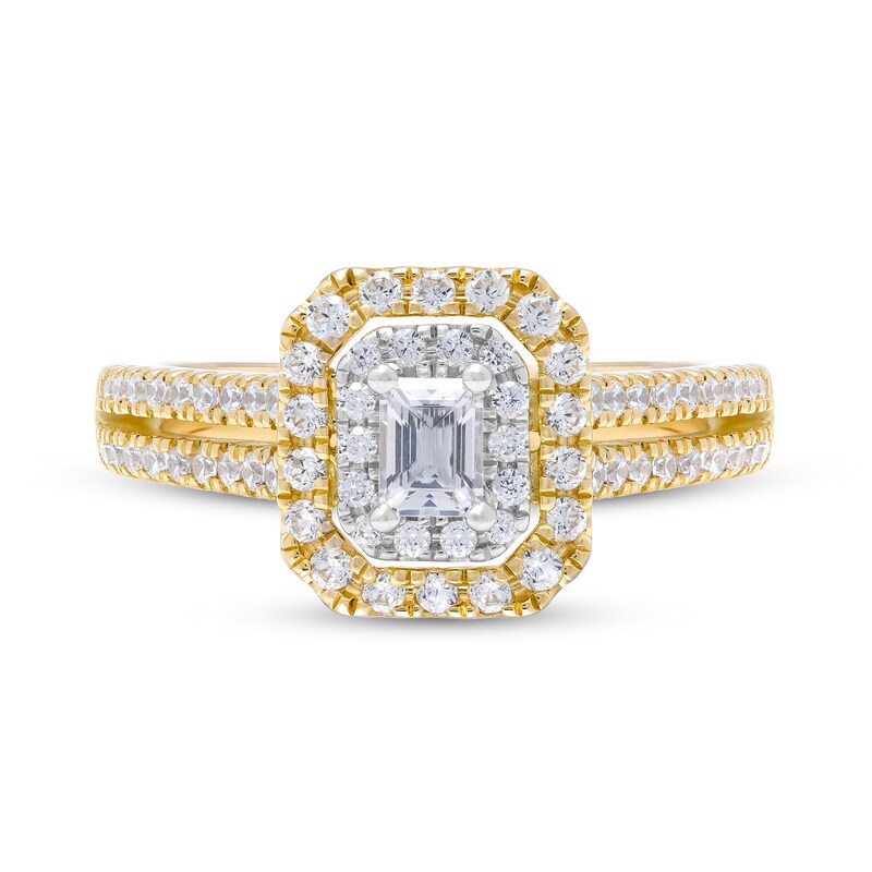 Main Image 4 of Vera Wang Love Collection 0.95 CT. T.W. Emerald-Cut Diamond Double Frame Double Row Engagement Ring in 14K Gold (I/SI2)