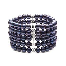 7.0-8.0mm Dyed Black Cultured Freshwater Pearl and Bead Multi-Row Stretch Bracelet in Sterling Silver