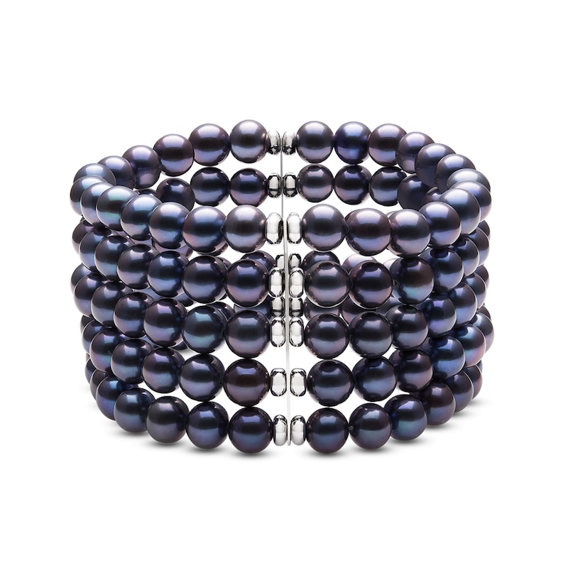 7.0-8.0mm Dyed Black Cultured Freshwater Pearl and Bead Multi-Row Stretch Bracelet in Sterling Silver|Peoples Jewellers