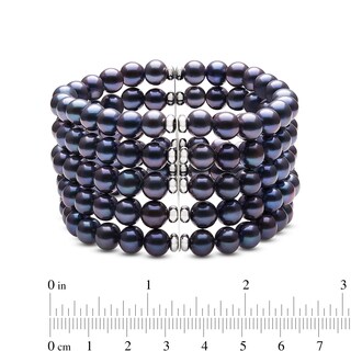 7.0-8.0mm Dyed Black Freshwater Cultured Pearl and Bead Multi-Row Stretch Bracelet in Sterling Silver