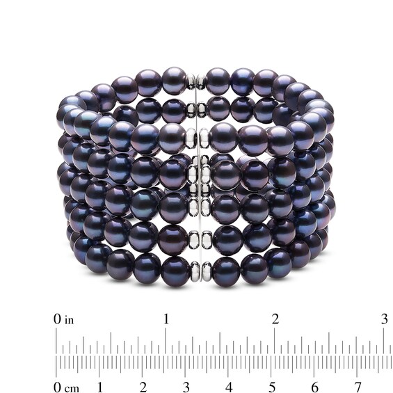 7.0-8.0mm Dyed Black Freshwater Cultured Pearl and Bead Multi-Row Stretch Bracelet in Sterling Silver