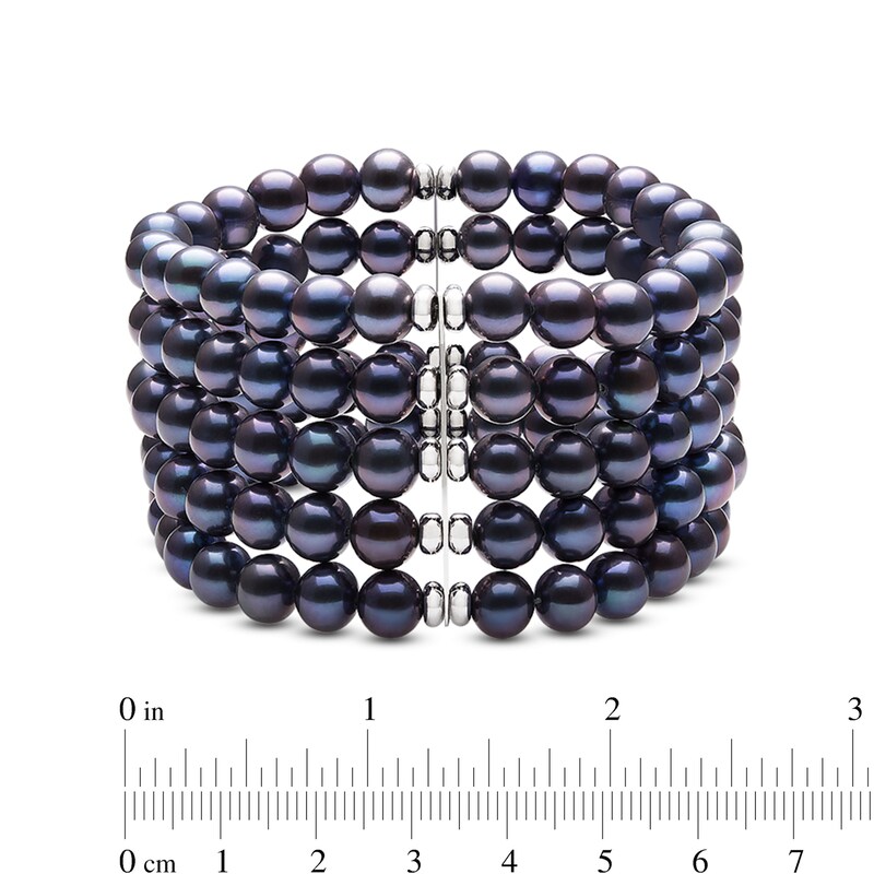7.0-8.0mm Dyed Black Freshwater Cultured Pearl and Bead Multi-Row Stretch Bracelet in Sterling Silver
