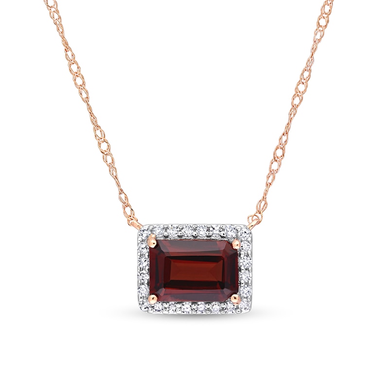 Sideways Emerald-Cut Garnet and 0.12 CT. T.W. Diamond Frame Necklace in 10K Rose Gold