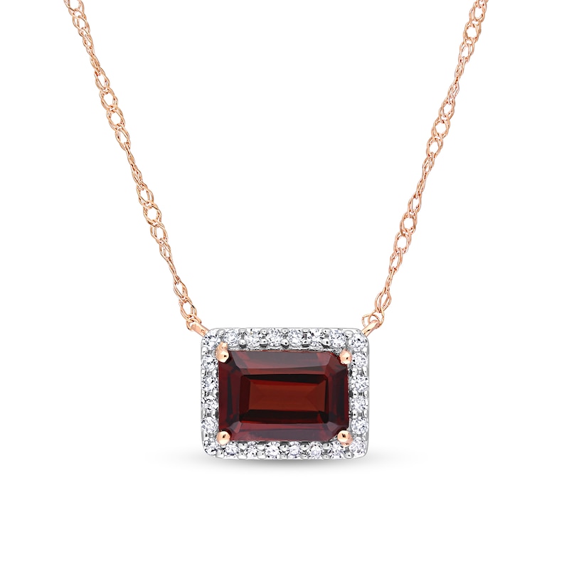 Sideways Emerald-Cut Garnet and 0.12 CT. T.W. Diamond Frame Necklace in 10K Rose Gold|Peoples Jewellers