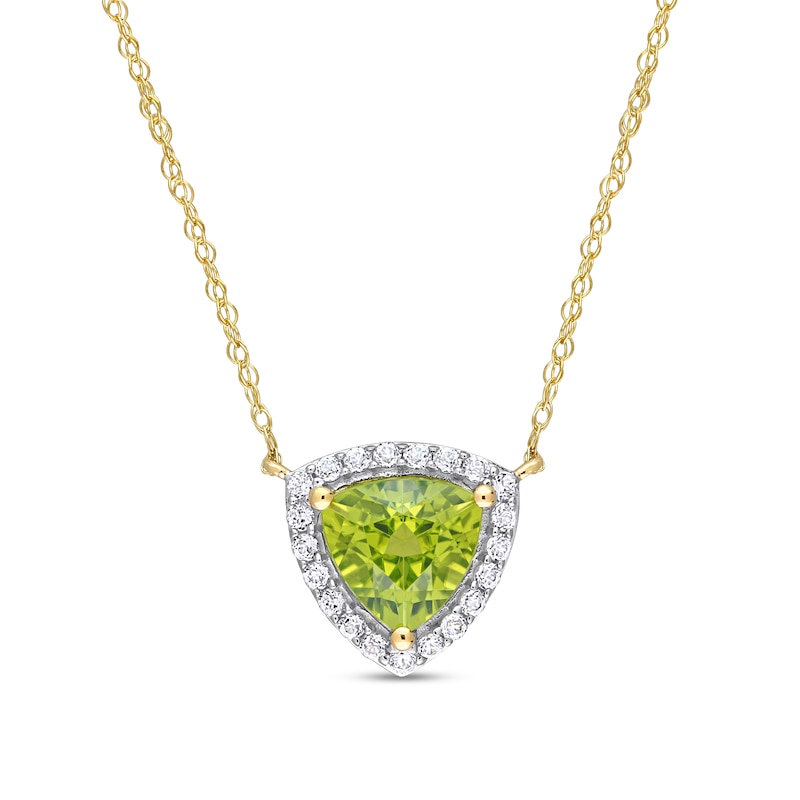 Main Image 1 of Trillion-Cut Peridot and White Topaz Frame Necklace in 10K Gold