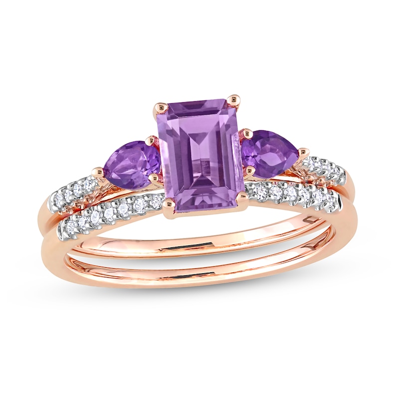 Multi-Shape Amethyst and 0.09 CT. T.W. Diamond Three Stone Bridal Set in 10K Rose Gold