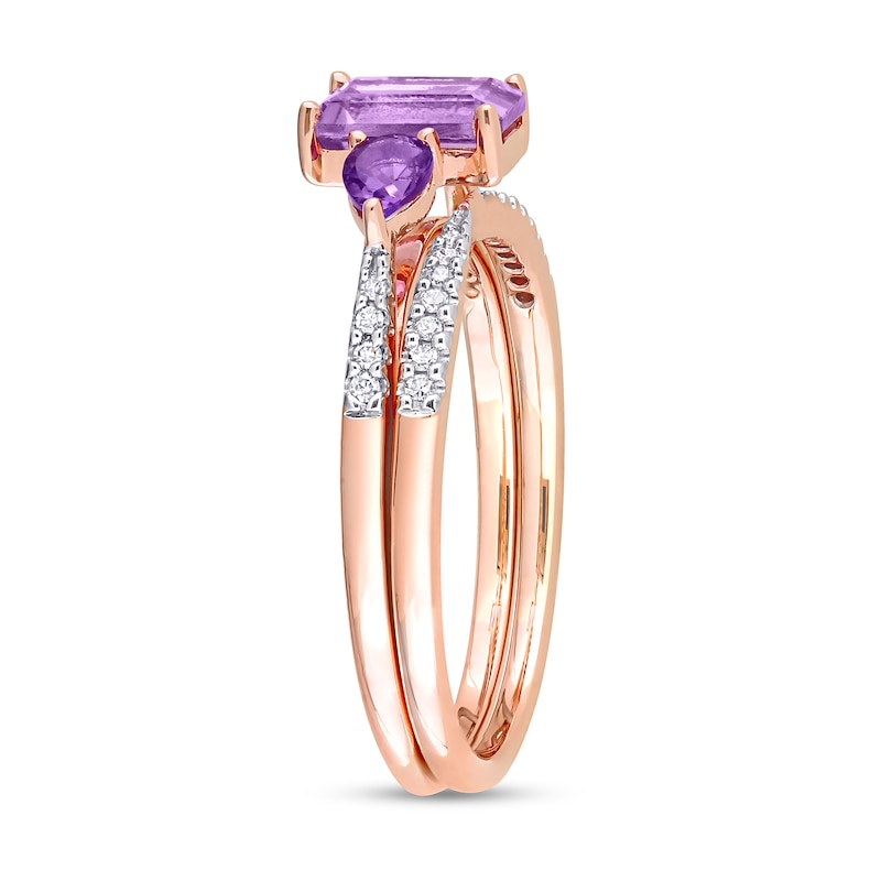 Main Image 3 of Multi-Shape Amethyst and 0.09 CT. T.W. Diamond Three Stone Bridal Set in 10K Rose Gold