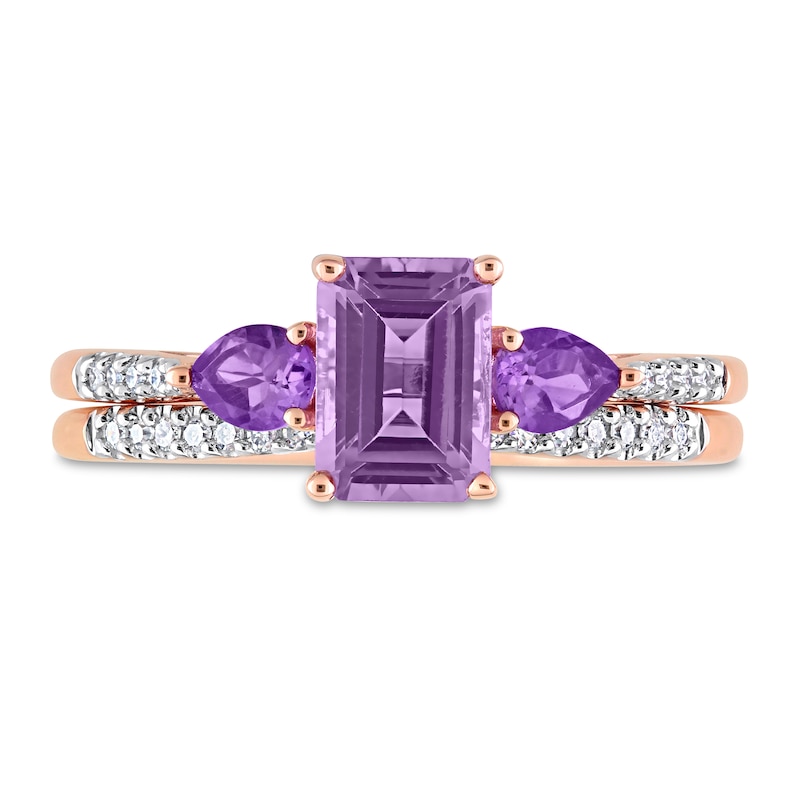 Main Image 4 of Multi-Shape Amethyst and 0.09 CT. T.W. Diamond Three Stone Bridal Set in 10K Rose Gold