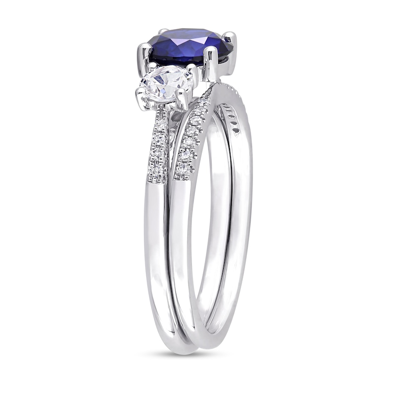 Main Image 3 of Blue and White Sapphire and 0.09 CT. T.W. Diamond Three Stone Bridal Set in 10K White Gold