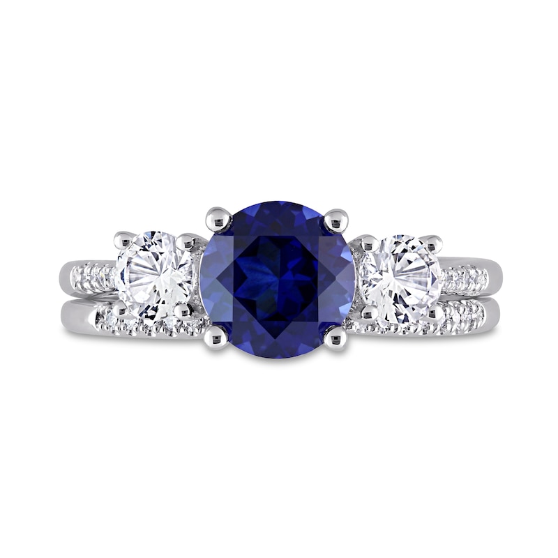 Main Image 4 of Blue and White Sapphire and 0.09 CT. T.W. Diamond Three Stone Bridal Set in 10K White Gold