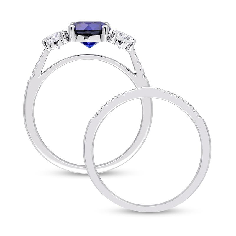 Main Image 5 of Blue and White Sapphire and 0.09 CT. T.W. Diamond Three Stone Bridal Set in 10K White Gold
