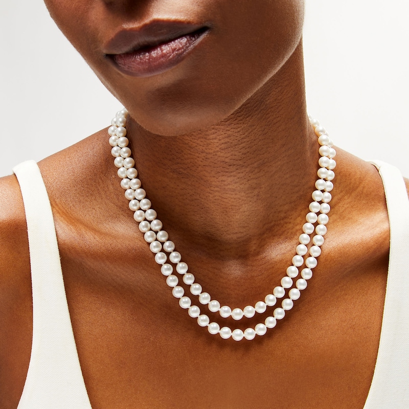 Main Image 2 of 6.5mm Freshwater Cultured Pearl Double Strand Necklace with 14K Gold Round Filigree Clasp