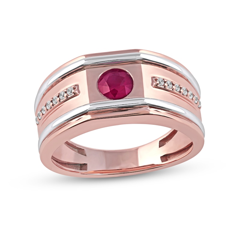 Men's 5.0mm Ruby and 0.12 CT. T.W. Diamond Grooved Wedding Band in 10K Two-Tone Gold