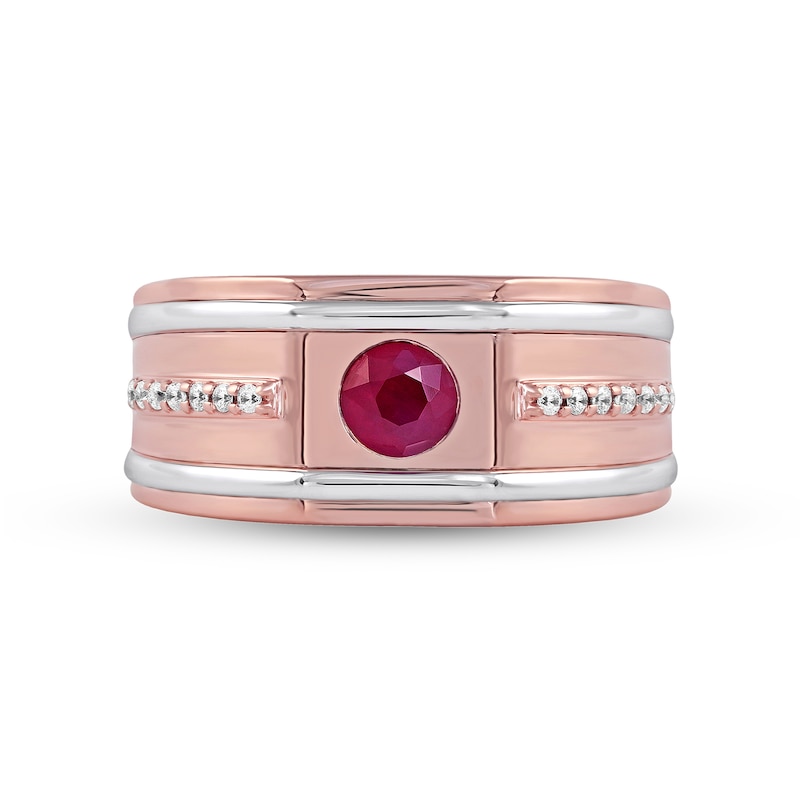 Men's 5.0mm Ruby and 0.12 CT. T.W. Diamond Grooved Wedding Band in 10K Two-Tone Gold