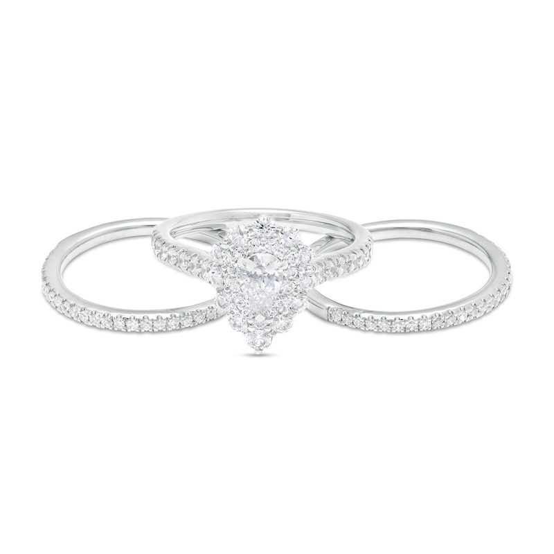 1.66 CT. T.W. Pear-Shaped Diamond Double Scallop Edge Frame Three Piece Bridal Set in 14K White Gold