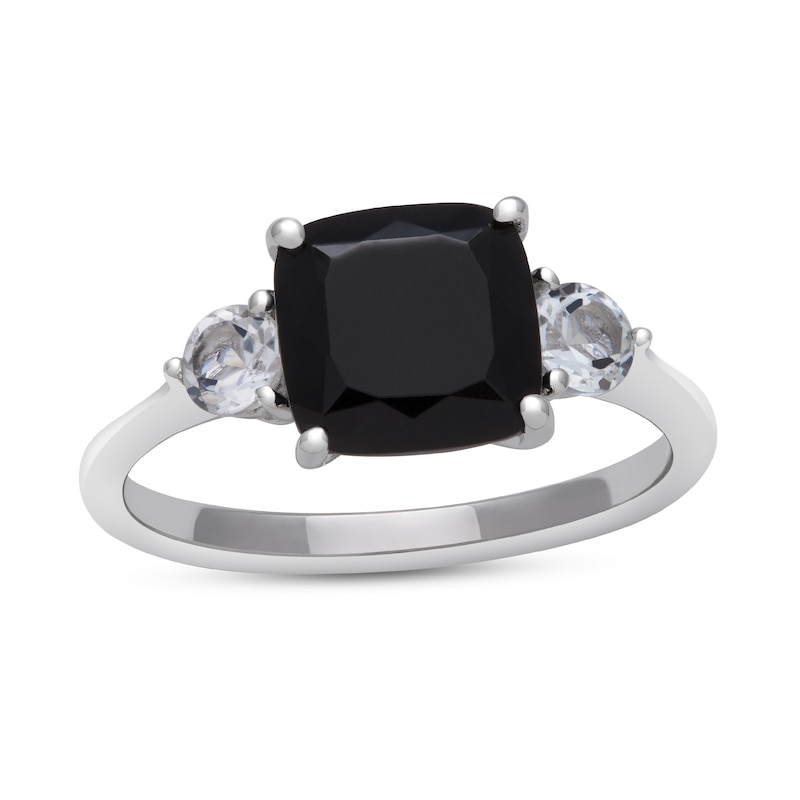 8.0mm Cushion-Cut Onyx and White Topaz Ring in Sterling Silver|Peoples Jewellers