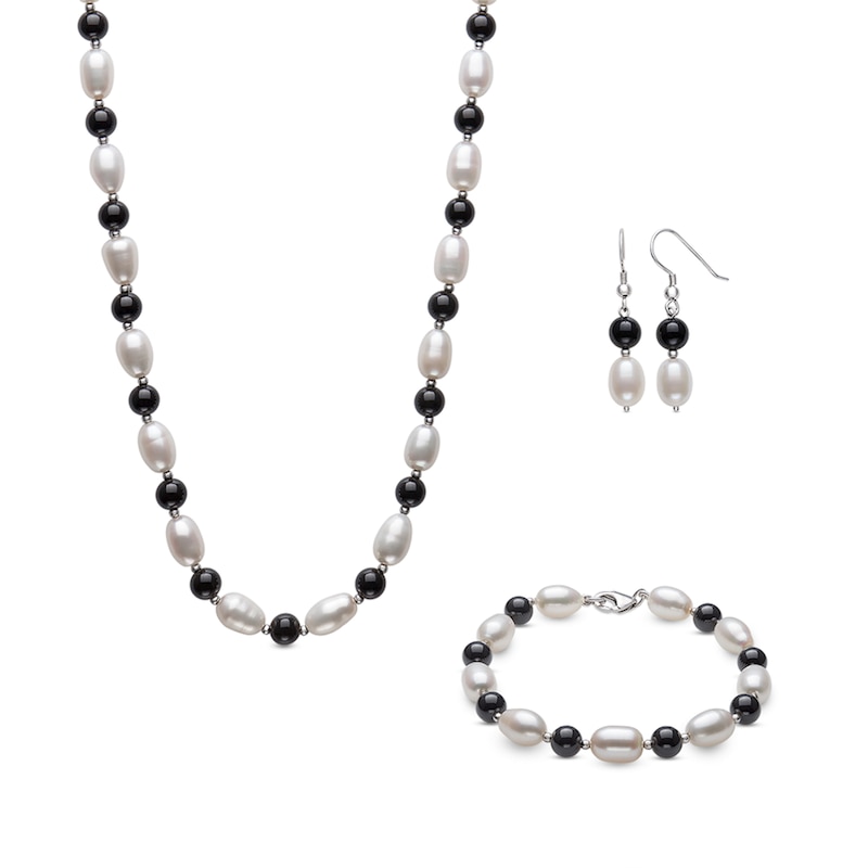 Alternating Onyx and Cultured Freshwater Pearl Strand Necklace, Bracelet and Drop Earrings Set in Sterling Silver|Peoples Jewellers