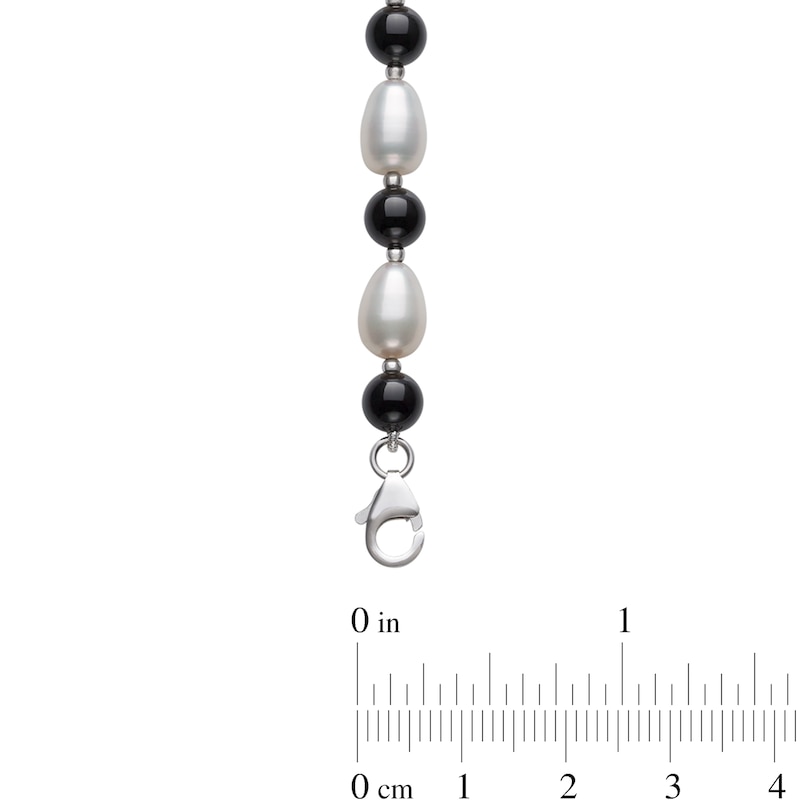Alternating Onyx and Freshwater Cultured Pearl Strand Necklace, Bracelet and Drop Earrings Set in Sterling Silver